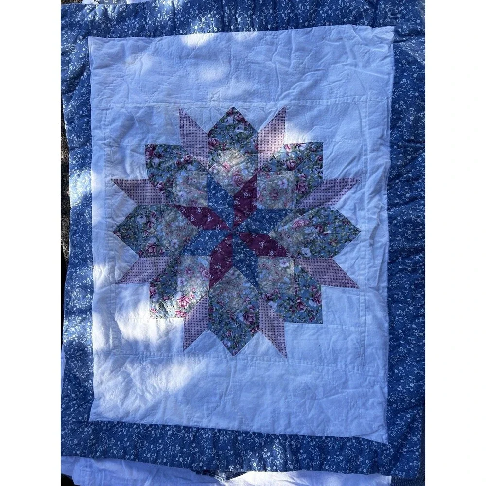 Vintage Cottage Floral Patchwork Quilted Pillow Shams Pair Blue Pink Zip Closure